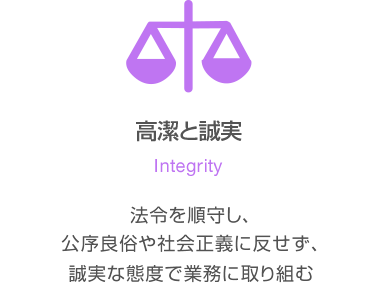 高潔と誠実（Integrity）…　法令を順守し、公序良俗や社会正義に反せず、誠実な態度で業務に取り組む